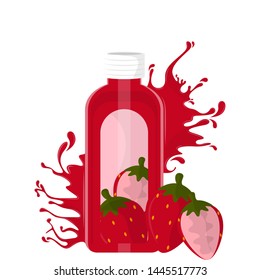 Strawberry juice bottle with splash and fruit - Vector