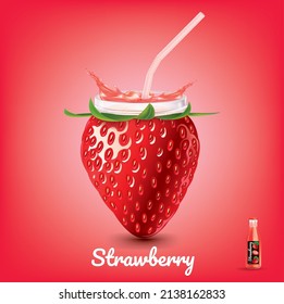 Strawberry juice bottle with splashing straw.