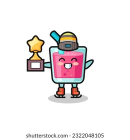 strawberry juice cartoon as an ice skating player hold winner trophy , cute style design for t shirt, sticker, logo element