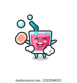 strawberry juice character is bathing while holding soap , cute style design for t shirt, sticker, logo element