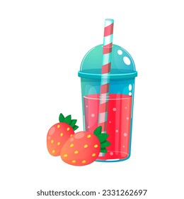 Strawberry juice, cocktail in a plastic cup, summer drink. Vector illustration, cartoon.