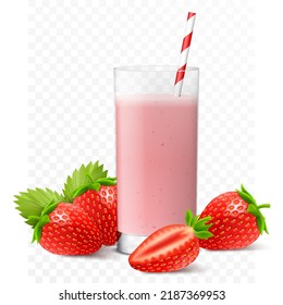 Strawberry juice, cocktail, smoothie or yogurt in glass with straw. Whole and half of strawberry, isolated on transparent background. Realistic 3d vector illustration