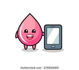 strawberry juice drop illustration cartoon holding a smartphone , cute style design for t shirt, sticker, logo element