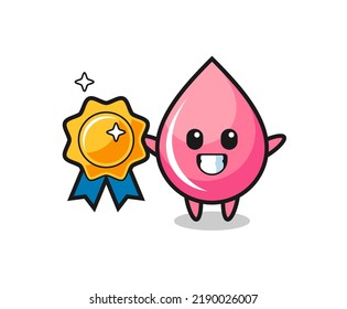 strawberry juice drop mascot illustration holding a golden badge , cute style design for t shirt, sticker, logo element