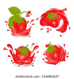Strawberry juice. Fresh berries. Spray, drink. A color vector set on a white background. Flat design.