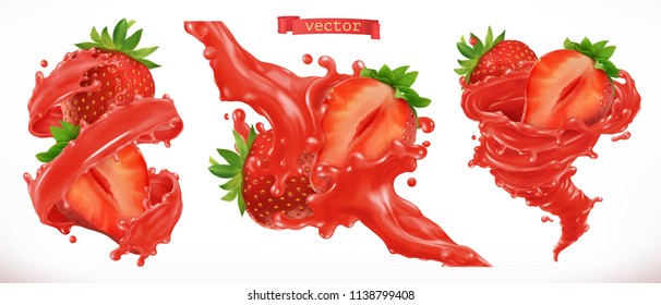 Strawberry juice. Fresh fruit 3d realistic vector icon