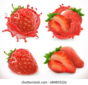 Strawberry juice. Fresh fruit, 3d realistic vector icon