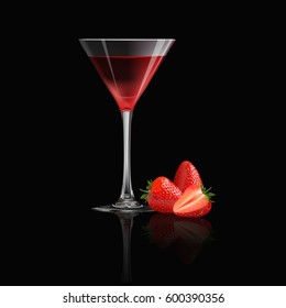 Strawberry juice and fresh strawberry isolated on black background, vector illustration.