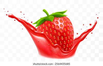 Strawberry juice. Fresh ripe strawberry falls into a splash of juice, isolated on transparent background. Realistic 3d vector illustration. Summer vitamin food and drink. Strawberry smoothie splash