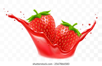 Strawberry juice. Fresh ripe strawberry falls into a splash of juice, isolated on transparent background. Realistic 3d vector illustration. Summer vitamin food and drink. Strawberry smoothie splash