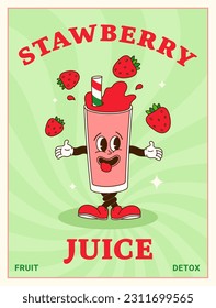 Strawberry juice glass character in comic cartoon style on striped sunburst background. Hand drawing of funny mascot in retro style. Template vector illustration for posters, covers and prints