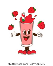 Strawberry juice glass character in comic cartoon style on transparent background. Hand drawing of funny mascot of fruit drink in retro style. Isolated vector illustration