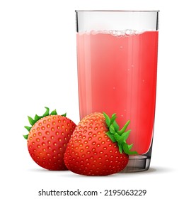 Strawberry juice in glass isolated on white background. Whole strawberry berries with fresh squeezed juice glass