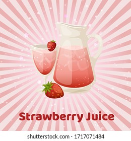Strawberry juice in glass jar with fresh berries on vintage rose vintage background cartoon vector illustration. Banner with summer sweet dessert strawberryand juice.