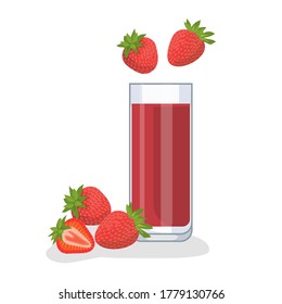 Strawberry juice in a glass glass, near strawberries. White background, isolate. Vector illustration