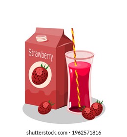 Strawberry juice in a glass and in a paper box.With strawberry fruit placed on the side.Vector illustration isolated on white background.