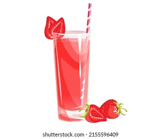 Strawberry juice in a glass with a straw.Summer refreshing drink with slices of ripe strawberries.Vector illustration on a white background.The concept of drinks.