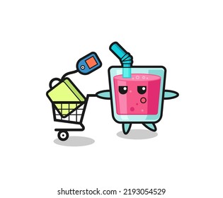 strawberry juice illustration cartoon with a shopping cart , cute style design for t shirt, sticker, logo element