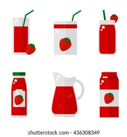 Strawberry juice isolated icons on white background. Strawberry juice bottle, glass, pack set. Flat style vector illustration.