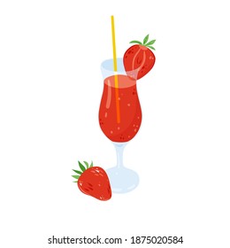 Strawberry juice isolated on white vector illustration. Summer refreshing cocktail design element. Healthy vegan smoothy in cartoon style.