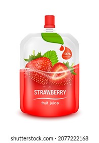 Strawberry juice jelly drink in foil pouch with top cap and design of strawberry fruit red packaging mock up. Isolated on a white background. Realistic 3D vector EPS10 illustration. svg