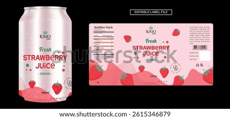 Strawberry Juice label design, soft drink bottle label design. Soda can vector. Energy drink label design. Strawberry flavor fruit juice label template design.	