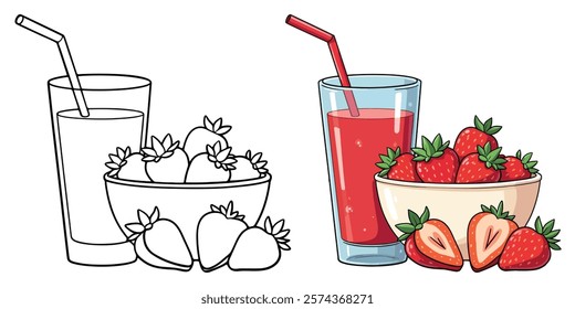 Strawberry Juice Line Art Vector Illustration Black and White with Coloring Sample. Bold and Easy Food, Fruits, Sweets, Drinks, Dessert, and Snacks Coloring Pages for Adults and Kids.