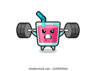 strawberry juice mascot cartoon with a barbell , cute style design for t shirt, sticker, logo element