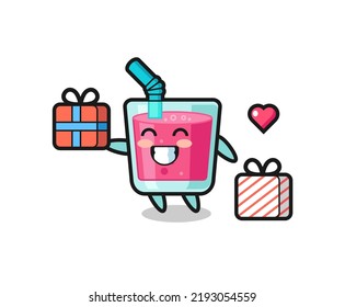 strawberry juice mascot cartoon giving the gift , cute style design for t shirt, sticker, logo element