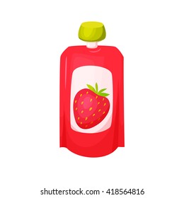 Strawberry juice package. Fruit purees. Healthy snack in pack