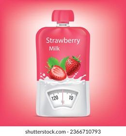 Strawberry juice packaging with a weight scale. Diet concept. Vector.