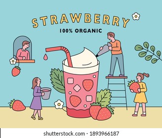 Strawberry juice poster. People are making huge strawberry juice.