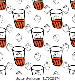 Strawberry juice seamless pattern in hand drawn style. For textile, receipt books, kitchen. Vector illustration.