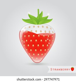 strawberry juice in a strawberry shaped glass with leafs. vector.