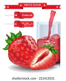 Strawberry juice with slice and tag design on white background.Vector illustration 