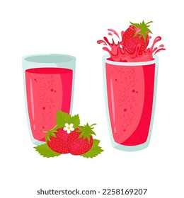 Strawberry juice, smoothies. Splashes and drops from the juice. Vector set in flat style