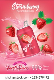 strawberry juice splash Ads. Season sweet of tropical fruits. 3d realistic vector, Food concept design. of free space for your copy and branding.