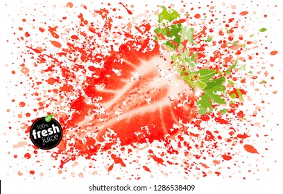 Strawberry juice splash. Half of fresh berry and splashes. A blast of fresh fruit taste. White background, EPS illustration