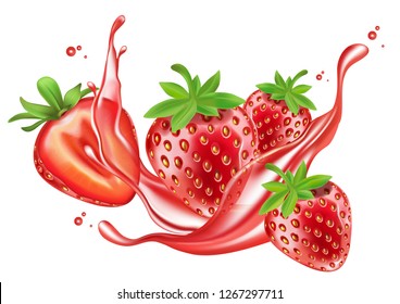 Strawberry juice splash on isolated background. Realistic 3D vector illustration. Of free space for you texts and branding.