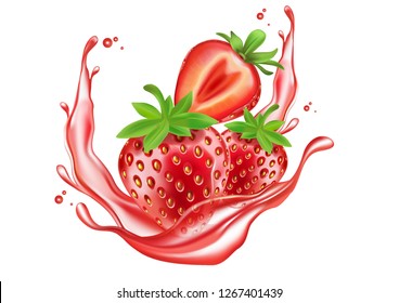 Strawberry juice splash on isolated background. Realistic 3D vector illustration. Of free space for you texts and branding.