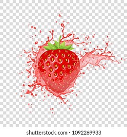 Strawberry juice splash. Realistic fresh berry. Vector. 