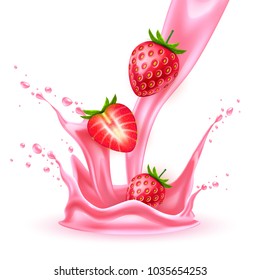 Strawberry juice splash realistic vector. 3d pink berry fruit liquid, summer tropical vacation drink symbol Fresh vitamin sweet liquid flowing in motion, isolated background illustration