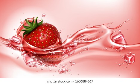 Strawberry with juice splash, realistic vector illustration. Ripe sweet red berry with green leaf and seeds in flowing liquid with ice cubes and air bubbles, soda drink package design