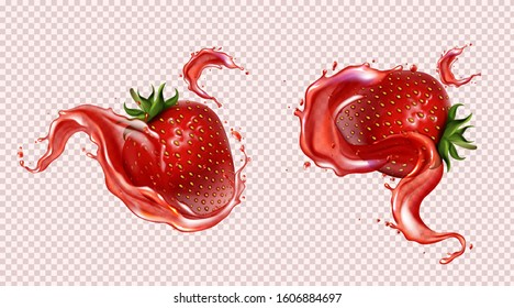 Strawberry with juice splash, realistic vector illustration. Ripe sweet red berries with green leaf and seeds in falling liquid with flying drops, isolated on transparent background, package design