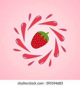 Strawberry juice splash. Red drops around strawberry on gradient pink background. Vector illustration can be used in logo design.