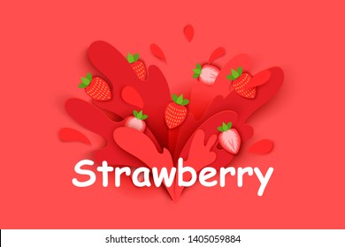 strawberry juice splashes and drops in a paper cut style. strawberry slices and paper slices. soft shadows and rich bright colors. stock vector illustration.