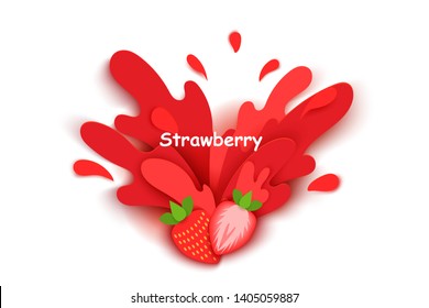 strawberry juice splashes and drops in a paper cut style. strawberry slices and paper slices. soft shadows and rich bright colors. stock vector illustration.