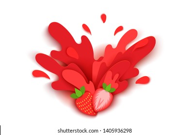 strawberry juice splashes and drops in a paper cut style. strawberry slices and paper slices. soft shadows and rich bright colors. stock vector illustration.