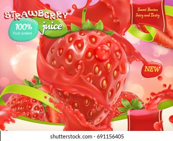 Strawberry juice. Sweet fruits and berries. 3d realistic vector, package design