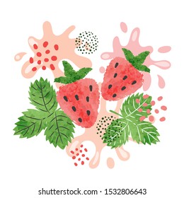 Strawberry juice vector illustration. Abstract watercolor juicy berry splash.